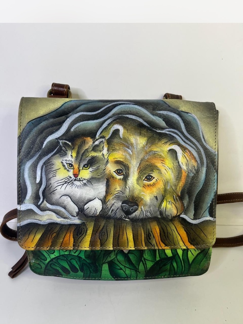 Vintage Y2K 1827 Sharif Hand-Painted Dog and Cat Crossbody Bag